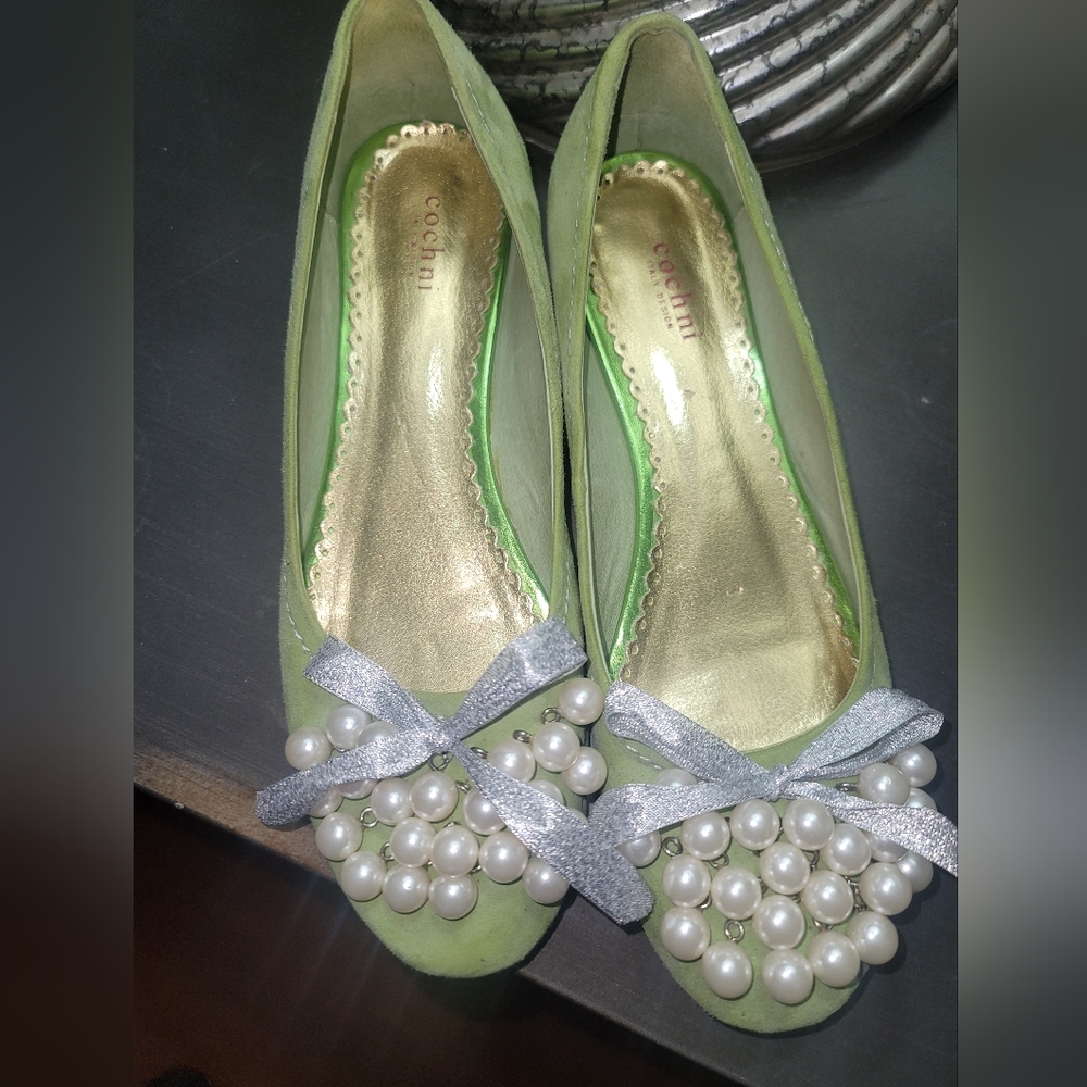 Cochni Italy Mint Green Suede Flats with silver bow Size 39.5 Size 9 US